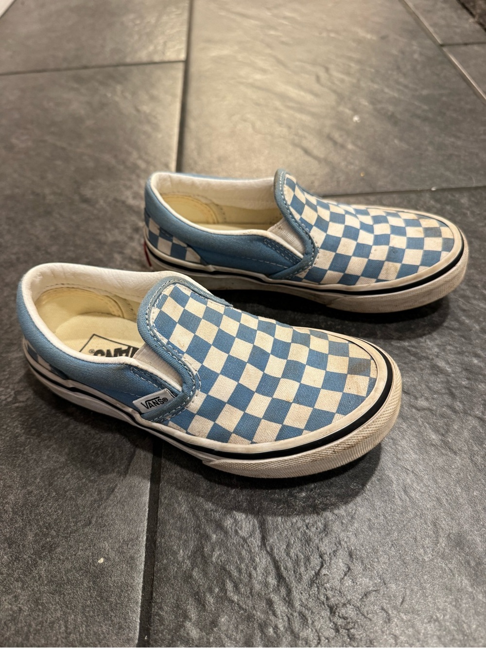 Vans Kids Slip-On Checkerboard Sneakers in Light Blue and White